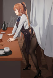 Rule 34 | 1boy, 1girl, ^ ^, ^o^, absurdres, apron, barefoot, black footwear, black pantyhose, blush, breasts, brown hair, chinese commentary, closed eyes, cup, girls&#039; frontline, high heels, highres, implied sex, long hair, offscreen person, pantyhose, ponytail, springfield (girls&#039; frontline), stealth sex, teapot, thighband pantyhose, tiankong pie ai