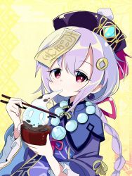 Rule 34 | 1girl, bead necklace, beads, blush, braid, chopsticks, coin, coin hair ornament, earrings, eating, food request, genshin impact, hair between eyes, hair ornament, harakune (mugennero), hat, highres, jewelry, long sleeves, looking at viewer, necklace, purple eyes, purple hair, purple hat, qingdai guanmao, qiqi (genshin impact), simple background, sleeves past wrists, solo, talisman, tassel, wide sleeves, zouni soup