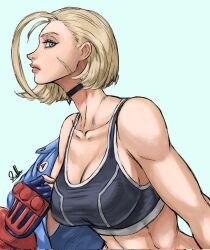 1girl ahoge armored_gloves black_choker black_sports_bra blonde_hair blue_eyes blue_jacket breasts cammy_white choker cleavage collarbone facial_scar fingerless_gloves gloves highres huge_ahoge jacket jacket_partially_removed large_breasts leather leather_jacket linea_alba mrduck_03 scar scar_on_cheek scar_on_face short_hair signature solo sports_bra street_fighter street_fighter_6 toned_female undressing vambraces