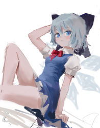 Rule 34 | 1girl, arm behind head, arm support, arm up, bare legs, blue bow, blue dress, blue eyes, blue hair, blush, bow, bowtie, cirno, closed mouth, dress, dutch angle, feet out of frame, from side, hair bow, highres, invisible chair, knee up, large bow, light smile, looking at viewer, looking to the side, no lineart, pinafore dress, puffy short sleeves, puffy sleeves, red bow, red bowtie, reddizen, short dress, short hair, short sleeves, sitting, sketch, sleeveless dress, solo, thighs, touhou, white background, wing collar