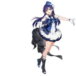 Rule 34 | 1girl, artist request, azur lane, bare shoulders, blue headwear, boots, dress, gloves, hat, highres, idolmaster, idolmaster (classic), kisaragi chihaya, long hair, looking at viewer, official art, open arms, open mouth, purple hair, ribbon, standing, toeless footwear, transparent background, white gloves