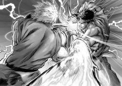 Rule 34 | 2boys, absurdres, blank eyes, clenched teeth, emphasis lines, fighting, greyscale, hadouken, highres, ken masters, male focus, monochrome, multiple boys, murata yuusuke, muscular, pants, punching, ryu (street fighter), sash, shirt, spiked hair, street fighter, teeth, torn clothes, torn shirt, traditional media