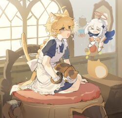 Rule 34 | &gt; &lt;, 1boy, 1girl, aether (genshin impact), ahoge, alternate costume, animal ear fluff, animal ears, apron, artist name, back bow, black dress, blonde hair, blue scarf, blush, boots, bow, braid, cat ears, cat tail, cho kooooo, closed eyes, collared dress, commentary request, crossdressing, crystal hair ornament, dress, earrings, enmaided, flying, frills, genshin impact, hair between eyes, hair ornament, halo, highres, indoors, jewelry, kemonomimi mode, laughing, long hair, long sleeves, looking at another, maid, mechanical halo, open mouth, paimon (genshin impact), picture frame, puffy long sleeves, puffy short sleeves, puffy sleeves, romper, scarf, seiza, shaded face, shadow, short hair, short sleeves, single earring, sitting, smile, tail, tearing up, v-shaped eyebrows, white apron, white bow, white footwear, white hair, white romper, window, wrist cuffs, yellow eyes