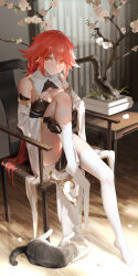 Rule 34 | 1girl, absurdres, alternate costume, black gloves, braid, breasts, cat, chair, china dress, chinese clothes, cleavage, commission, curtains, dress, full body, gloves, highres, indoors, knee up, long hair, looking at viewer, medium breasts, neptune (series), orange eyes, orange hair, pantyhose, second-party source, shin jigen game neptune vii, sitting, solo, stirrup legwear, tennouboshi uzume, thighhighs, toeless legwear, tree, very long hair, white thighhighs