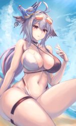 Rule 34 | 1girl, azur lane, beach, bikini, black bikini, blue sky, breasts, cloud, commentary request, day, denchi more power, eyewear on head, fox mask, highres, large breasts, long hair, looking at viewer, mask, mask on head, navel, ocean, official alternate costume, red eyes, silver hair, sitting, sky, solo, sunglasses, swimsuit, thick thighs, thighs, tosa (azur lane), tosa (hometown zest) (azur lane), two-tone bikini, white bikini