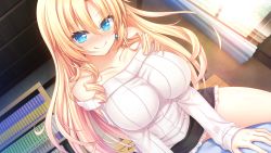 Rule 34 | 1girl, aqua eyes, bare shoulders, bed, blonde hair, blue eyes, blush, book, bookshelf, breasts, closed mouth, day, earrings, game cg, happy, highres, indoors, iris december uncry, jewelry, large breasts, legs, long hair, looking at viewer, lying, nora to oujo to noraneko heart 2, off-shoulder sweater, off shoulder, oozora itsuki, original, sitting, sitting on person, skirt, smile, sunlight, sweater, thighs, window