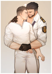 Rule 34 | 2boys, absurdres, bara, beard, black hair, commission, couple, cropped legs, dungeon and fighter, eye contact, facial hair, gloves, holding hands, highres, interracial, light brown hair, looking at another, male focus, male priest (dungeon and fighter), multiple boys, muscular, muscular male, original, pants, pectorals, peterhl, shirt, short hair, smile, white pants, white shirt, yaoi
