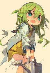 Rule 34 | 1girl, aqua eyes, blush, child, cloneko (zelmeledf2), dress, fang, female focus, flat chest, green hair, green pupils, hair between eyes, hair ornament, holding, holding watering can, jacket, leaf hair ornament, leaning forward, long hair, long sleeves, looking down, open clothes, open jacket, open mouth, original, own hands together, shiny skin, short dress, sidelocks, simple background, skin fang, solo, sweat, v arms, very long hair, water, watering can, white jacket, wide-eyed, yellow background, yellow dress