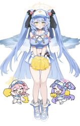 Rule 34 | 3girls, angel wings, blue archive, blue footwear, blue hair, blue wings, blush, boots, braid, breasts, cheering, cheerleader, closed eyes, collarbone, fang, feathered wings, feathers, full body, green eyes, hair between eyes, halo, hanae (blue archive), hanae (cheer squad) (blue archive), highres, holding, holding pom poms, large breasts, long hair, mine (blue archive), multiple girls, navel, nemo (leafnight), official alternate costume, one side up, open mouth, pink hair, pink halo, pointy ears, pom pom (cheerleading), pom poms, purple hair, serina (blue archive), simple background, skin fang, smile, twin braids, twintails, white background, wings, yellow halo