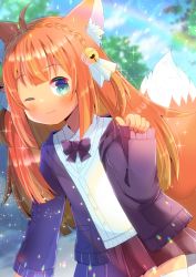 Rule 34 | 1girl, ;), ahoge, animal ear fluff, animal ears, bell, black jacket, blurry, blurry background, blush, braid, brown skirt, cardigan vest, closed mouth, collared shirt, commentary request, crown braid, day, depth of field, dress shirt, dutch angle, fox ears, fox girl, fox tail, green eyes, hair bell, hair ornament, hand up, hood, hood down, hooded jacket, indie virtual youtuber, jacket, jingle bell, kou hiyoyo, long hair, long sleeves, one eye closed, open clothes, open jacket, orange hair, outdoors, pleated skirt, rizu maki, shirt, skirt, sleeves past wrists, smile, solo, tail, very long hair, virtual youtuber, white shirt