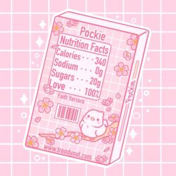 Rule 34 | artist name, barcode, beak, bird, black eyes, blush stickers, box, bubble, cherry blossoms, commentary, english commentary, faith varvara, flower, food, from behind, grid background, no humans, nutrition facts, object focus, original, outline, petals, pink background, pink bird, pink flower, pink theme, pocky, simple background, solid circle eyes, sparkle, white outline