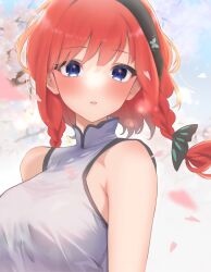 Rule 34 | 1girl, alternate costume, alternate hairstyle, armpit crease, bare shoulders, black hairband, blue eyes, blunt bangs, blurry, blush, braid, breasts, butterfly hair ornament, china dress, chinese clothes, commentary, day, depth of field, dress, eyelashes, falling petals, floating hair, go-toubun no hanayome, hair ornament, hairband, highres, kakato 0, large breasts, looking at viewer, medium hair, nakano nino, outdoors, parted lips, petals, red hair, sleeveless, sleeveless dress, solo, spring (season), tsurime, twin braids, upper body