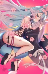 Rule 34 | 1girl, absurdres, animal ears, artist name, blue hair, breasts, cleavage, commission, expressionless, floating hair, flower, from side, highres, long hair, looking at viewer, multicolored hair, nail polish, nikkie viore, pink background, pink flower, purple eyes, silvervale, silvervale (sakura goddess), solo, tail, thighhighs, thighs, toes, very long hair, virtual youtuber, vshojo, wolf ears, wolf girl, wolf tail