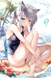 Rule 34 | 1girl, animal ear fluff, animal ears, bare legs, barefoot, beach, black one-piece swimsuit, blue archive, blue eyes, blush, breasts, closed mouth, commentary request, cross hair ornament, flower, fujima takuya, grey hair, hair ornament, legs, looking at viewer, medium breasts, official alternate costume, one-piece swimsuit, red flower, shiroko (blue archive), shiroko (swimsuit) (blue archive), short hair, sitting, solo, swimsuit, toenails, toes, wet