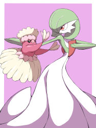 Rule 34 | absurdres, bird, closed mouth, commentary request, creature, creatures (company), dancer (pokemon ability), game freak, gardevoir, gen 3 pokemon, gen 7 pokemon, hand up, highres, looking at another, nintendo, oricorio, oricorio (pa&#039;u), pokemon, pokemon (creature), pokemon ability, purple background, red eyes, shabana may, smile, trace (pokemon ability)