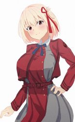 Rule 34 | 1girl, belt, blonde hair, blue ribbon, breasts, collared shirt, commentary request, grey skirt, hair ribbon, hand on own hip, large breasts, looking at viewer, lycoris recoil, neck ribbon, nishikigi chisato, pleated skirt, red belt, red eyes, red ribbon, ribbon, shirt, short hair, skirt, smile, solo, tsubapi (pupi57)