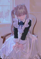 Rule 34 | 1girl, animal ears, apron, black dress, blue ribbon, cat ears, cat girl, chair, choppy bangs, cropped legs, dress, extra ears, feiqizi (fkey), fkey, frilled apron, frills, grey hair, highres, long hair, looking at viewer, maid, maid apron, original, pink eyes, ribbon, sidelocks, signature, sitting, twintails, unfinished, window, wrist cuffs