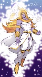 Rule 34 | 1boy, armband, blonde hair, colored skin, dio brando, facial mark, full body, heaven ascended dio, jojo no kimyou na bouken, jojo no kimyou na bouken: eyes of heaven, knee pads, long hair, looking at viewer, male focus, pointy footwear, purple skin, shoes, signature, sokka (kbs), stand (jojo), the world over heaven, very long hair, wrist cuffs, yellow eyes