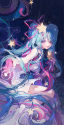 Rule 34 | 1girl, absurdres, blue hair, blush, dress, hatsune miku, highres, long hair, looking at viewer, looking to the side, maccha (mochancc), magical mirai (vocaloid), magical mirai miku, magical mirai miku (2022), meteor (vocaloid), night, night sky, purple eyes, sky, smile, star (sky), star (symbol), starry sky, twintails, very long hair, vocaloid, wand