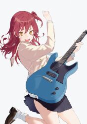 Rule 34 | 1girl, :d, arm up, bare legs, black skirt, bocchi the rock!, brown footwear, buttons, electric guitar, fender telecaster, guitar, hair between eyes, highres, holding, holding guitar, holding instrument, icercck, instrument, jumping, kita ikuyo, loafers, long hair, long sleeves, looking at viewer, one side up, open mouth, pleated skirt, red hair, sailor collar, school uniform, shirt, shoes, simple background, skirt, smile, socks, solo, teeth, thighs, upper teeth only, white background, white socks, yellow eyes, yellow sailor collar, yellow shirt