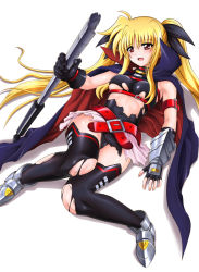 Rule 34 | 00s, 1girl, :o, ahoge, arm strap, arm up, armor, armored boots, armpits, asymmetrical gloves, bardiche (nanoha), belt, belt bra, black gloves, black ribbon, black thighhighs, blonde hair, blush, boots, breasts, breasts apart, broken, broken weapon, buckle, cape, collar, covered navel, cyclone (reizei), dutch angle, elbow gloves, embarrassed, eyebrows, fate testarossa, fate testarossa (lightning form), fingerless gloves, foreshortening, from above, full body, gloves, hair ribbon, halterneck, head tilt, high collar, highres, holding, holding weapon, impossible clothes, impossible leotard, knees together feet apart, leotard, long hair, looking at viewer, lyrical nanoha, magical girl, mahou shoujo lyrical nanoha strikers, midriff, miniskirt, open mouth, parted bangs, pleated skirt, polearm, raised eyebrows, red eyes, revision, ribbon, shadow, showgirl skirt, sidelocks, simple background, skin tight, skirt, solo, sweat, thighhighs, torn clothes, torn leotard, torn thighhighs, turtleneck, twintails, underboob, underbust, uneven gloves, vambraces, very long hair, weapon, white background