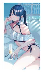 Rule 34 | 1girl, aqua nails, ass, bare shoulders, bikini, blue eyes, blue hair, book, border, breasts, champagne flute, closed mouth, couch, cup, drinking glass, earrings, fate/grand order, fate (series), hair ribbon, halterneck, hand on own cheek, hand on own face, jewelry, jing ke (fate), jing ke (water shine) (fate), katagiri (mighty swing), light smile, long hair, looking at viewer, lying, off-shoulder bikini, off shoulder, on couch, on side, ponytail, ribbon, side-tie bikini bottom, signature, small breasts, solo, swimsuit, thighs, twisted torso, white bikini, white border, white ribbon