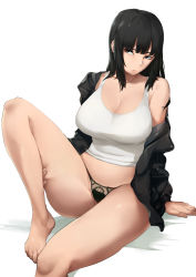 Rule 34 | 1girl, absurdres, bare shoulders, black eyes, black hair, black panties, blunt bangs, breasts, cleavage, closed mouth, commentary, commentary request, eyebrows, highres, large breasts, long hair, looking to the side, lynus, off shoulder, original, panties, shirt, simple background, sitting, skindentation, solo, tank top, underwear, white background, white shirt