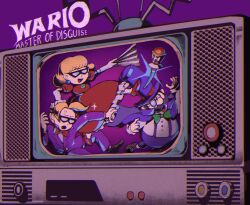 Rule 34 | 1girl, 2boys, blonde hair, bow, bowtie, cape, carpaccio (wario: master of disguise), count cannoli, dress, earrings, facial hair, formal, glasses, goodstyle, hand fan, hat, jewelry, multiple boys, mustache, purple cape, purple suit, red bow, red bowtie, red dress, red footwear, rinabee (rinabele0120), suit, television, terrormisu, top hat, wand, wario: master of disguise