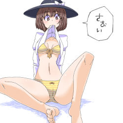 Rule 34 | 1girl, aono3, arm support, bare legs, black hat, brown eyes, brown hair, cameltoe, clothes lift, front-tie top, hat, lifting own clothes, midriff, mouth hold, navel, panties, shirt lift, short hair, sitting, solo, spread legs, stomach, thighs, touhou, underwear, usami renko