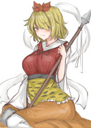 Rule 34 | 1girl, absurdres, animal print, blonde hair, breasts, hair ornament, hair over one eye, highres, holding, holding polearm, holding weapon, kuraki, large breasts, light smile, looking at viewer, multicolored hair, polearm, short hair, simple background, solo, spear, tiger print, toramaru shou, touhou, weapon, white background, wide sleeves, yellow eyes