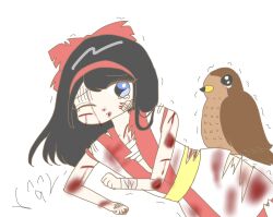 Rule 34 | 1girl, ainu clothes, arm support, bandages, black hair, blood, blue eyes, breasts, defeat, hair ribbon, highres, injury, legs, long hair, looking at viewer, lying, mamahaha, nakoruru, on side, one eye closed, ribbon, samurai spirits, sarashi, small breasts, snk, tears, the king of fighters, thighs, torn clothes