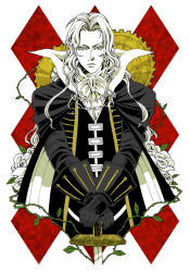 Rule 34 | 1boy, alucard (castlevania), bishounen, black cape, black gloves, cape, castlevania (series), chain, charatei, closed mouth, dhampir, flower, gears, gloves, half-human, holding, holding sword, holding weapon, long hair, male focus, plant, rose, solo, sword, thorns, undead, vampire, vines, weapon, white flower, white hair, white rose