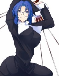 Rule 34 | arms up, black keys (type-moon), blue eyes, blue hair, breasts, ciel (tsukihime), glasses, kuroi no, large breasts, melty blood, smile, solo, tsukihime, white background