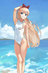 Rule 34 | 1girl, absurdres, armpits, blonde hair, blue eyes, blush, bow, breasts, grin, hair bow, highres, keibi inu, long hair, looking at viewer, one-piece swimsuit, outdoors, small breasts, smile, solo, swimsuit, toshinou kyouko, white one-piece swimsuit, yuru yuri