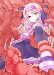 Rule 34 | 1girl, ainu clothes, blush, bow, fate/grand order, fate (series), fingerless gloves, gloves, hair between eyes, hair bow, hairband, illyasviel von einzbern, knees up, long hair, long sleeves, looking at viewer, pantyhose, purple bow, purple skirt, red eyes, restrained, scarf, sidelocks, sitonai (fate), skirt, smile, solo, tentacle pit, tentacles, thighs, yoosai