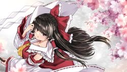 Rule 34 | 1girl, ascot, black hair, bow, cherry blossoms, detached sleeves, hair bow, hair tubes, hakurei reimu, highres, long hair, nontraditional miko, red bow, sarasadou dan, solo, touhou, upper body, very long sleeves, yellow ascot