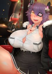 Rule 34 | alcohol, bench, blush, breasts, candle, chanary, exposed shoulder, fangs, fingerless gloves, fireworks, gloves, huge breasts, jacket, jewelry, kancolle, lantern, necklace, orange eyes, purple hair, restaurant, skirt, tagme, tank top, thighs, white tank top, wine, wineglass