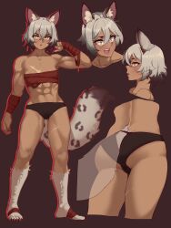 Rule 34 | 1girl, abs, animal ears, areola slip, ass, breasts, bright pupils, chest sarashi, cropped legs, full body, grey hair, hair between eyes, highres, multiple views, muscular, muscular female, original, red tube top, sarashi, scar, scar on chest, scar on leg, short hair, simple background, small breasts, standing, strapless, tail, todding, tube top, white pupils