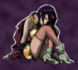 Rule 34 | 1990s (style), boots, cowboy bebop, faye valentine, green eyes, purple hair, retro artstyle, short hair, solo, thighhighs