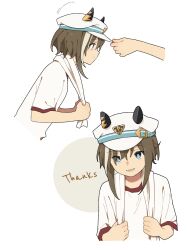 Rule 34 | 1girl, 1other, adjusting clothes, adjusting headwear, animal ears, blue eyes, brown hair, cheval grand (umamusume), closed mouth, english text, hat belt, highres, holding, holding towel, horse ears, looking at viewer, motion lines, multicolored hair, multiple views, open mouth, out of frame, shirt, short sleeves, smile, streaked hair, towel, towel around neck, umamusume, upper body, white headwear, white shirt, yano (edbr1022)