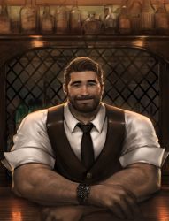 Rule 34 | 1boy, bar (place), bara, beard, bottle, dopey (dopq), facial hair, highres, looking at viewer, male focus, muscular, muscular male, necktie, original, short hair, sitting, sleeves rolled up, smile, solo, stubble, table, watch, wristwatch