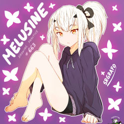 Rule 34 | 1girl, barefoot, english text, melusine (fate), fate/grand order, fate (series), ponytail, srgrafo, thighs, white hair