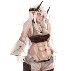 Rule 34 | 1girl, abs, absurdres, arknights, bare shoulders, blush, breasts, cleavage, commentary, earrings, english commentary, hair ornament, hairclip, highres, horns, jewelry, kinohara kossuta, letter, long hair, love letter, material growth, mudrock (arknights), navel, oripathy lesion (arknights), pointy ears, red eyes, simple background, solo, sweat, tank top, white background