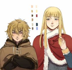 Rule 34 | 2boys, androgynous, armor, blonde hair, blue eyes, blunt bangs, brown eyes, canute, chainmail, closed mouth, crossed arms, dirty, dirty face, eyelashes, fur collar, fur trim, hair between eyes, height difference, hood, long hair, looking at another, male focus, messy hair, multiple boys, playing with own hair, prince, pumopuccii, simple background, sweat, thorfinn, viking, vinland saga, white background