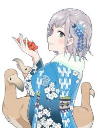 Rule 34 | 1girl, alternate costume, berry, bird, blush, breasts, closed mouth, floral print, flower, from behind, green eyes, grey hair, hair flower, hair ornament, hand up, highres, hololive, japanese clothes, shirogane noel, shirogane noel (new year), tonogai yoshiki, upper body, virtual youtuber, white background