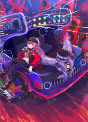 Rule 34 | 1girl, black jacket, black pants, blunt bangs, braid, creatures (company), crossover, game freak, highres, hololive, hololive english, jacket, long hair, looking at viewer, mori calliope, mori calliope (streetwear), multicolored clothes, multicolored jacket, nintendo, official alternate hairstyle, pants, pink hair, pokemon, pokemon (creature), pokemon sv, ponytail, red eyes, red jacket, revavroom, shirt, taiyo sketches, two-tone jacket, virtual youtuber, white shirt