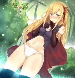 Rule 34 | 1girl, arisa (shadowverse), blonde hair, blouse, blush, breasts, brown gloves, closed mouth, cropped blouse, elbow gloves, elf, embarrassed, fairy, gloves, green eyes, groin, hair between eyes, hair ribbon, hands up, head tilt, highres, light particles, long hair, looking at viewer, medium breasts, navel, neck ribbon, panties, pointy ears, purple shirt, red ribbon, ribbon, ribbon-trimmed panties, shadowverse, shiny skin, shirt, side-tie panties, skirt, smile, stomach, thighhighs, thighs, underwear, wading, white panties, yamato (muchuu paradigm)