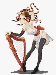 Rule 34 | 1girl, ancient greek clothes, black thighhighs, commentary, english commentary, full body, gauntlets, greco-roman clothes, harp, highres, instrument, orange pupils, orange ribbon, original, red eyes, ribbon, snake, snake hair, solo, suweeka, thighhighs, white background