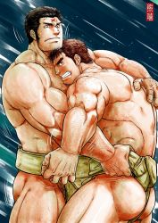 Rule 34 | 2boys, ass, bara, black eyes, black hair, body hair, brown hair, cowboy shot, cross scar, facial hair, houzouin oniwaka, kumagamike, large pectorals, long sideburns, male focus, manly, multiple boys, muscular, pectorals, protagonist 3 (housamo), revealing clothes, scar, scar on face, scar on forehead, short hair, sideburns, stubble, sumo, thick thighs, thighs, tokyo houkago summoners, topless male, upper body, wrestling