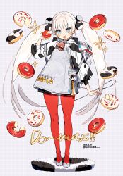 Rule 34 | 1girl, :d, absurdres, animal print, bell, blue eyes, cow print, cowbell, doughnut, food, full body, grey hair, hachihito, highres, holding, holding doughnut, holding food, id card, open mouth, original, pantyhose, red pantyhose, smile, solo, standing, twintails, zipper, zipper pull tab